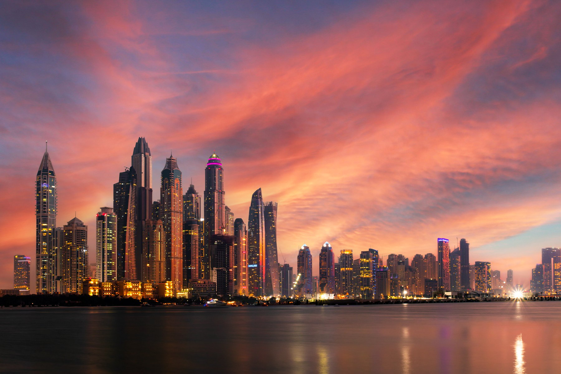 Amazing Dubai Marina Skyline at Sunset, United Arab Emirates